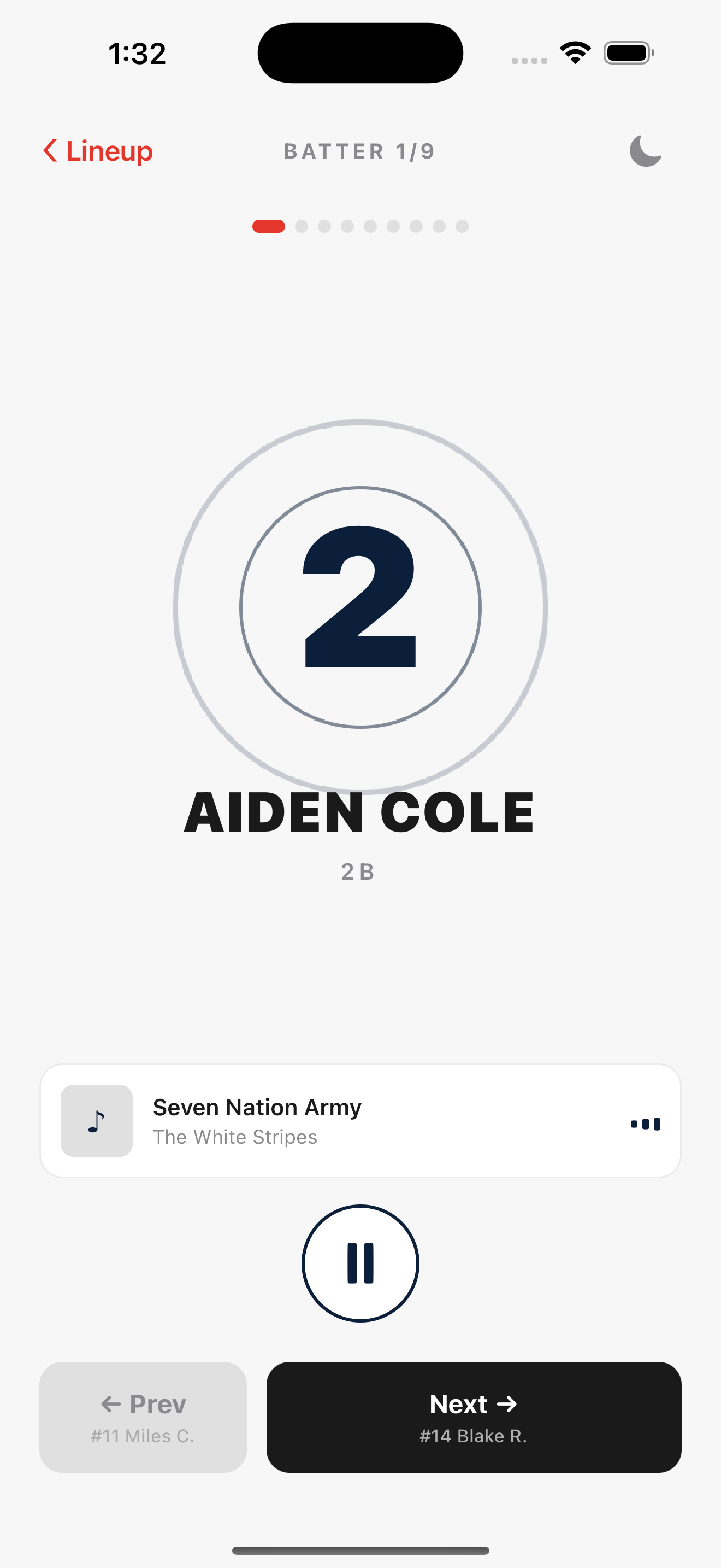 Play Ball Announce Mode, Aiden Cole walking up to Seven Nation Army