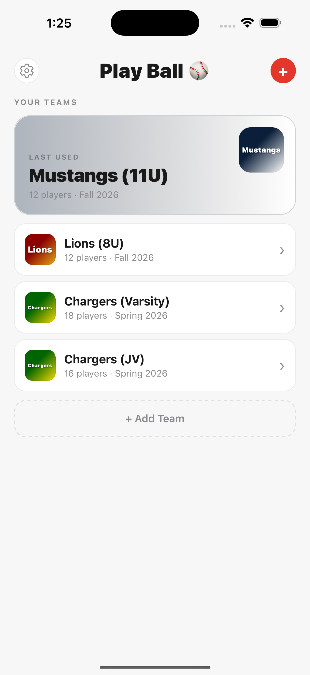 Play Ball home with Mustangs 11U last used, then Lions 8U, Chargers Varsity, and Chargers JV