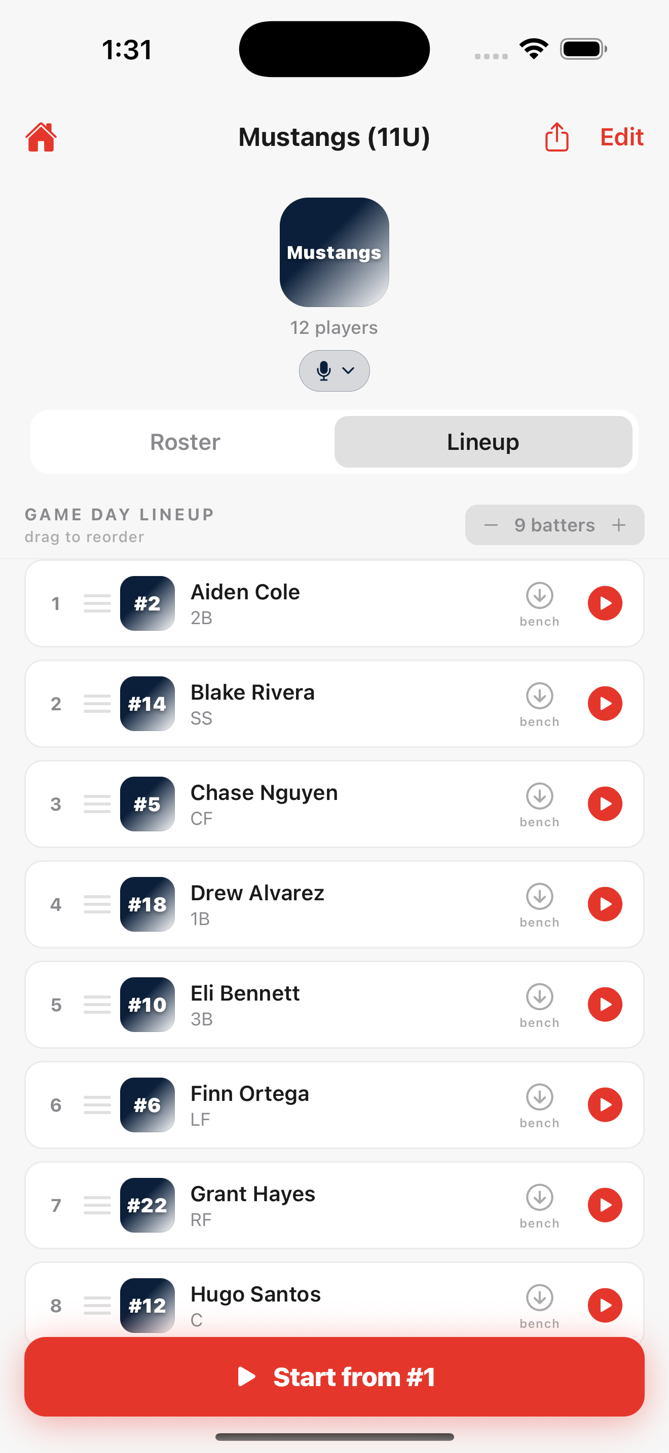 Play Ball lineup for Mustangs 11U with a 9-batter game-day order